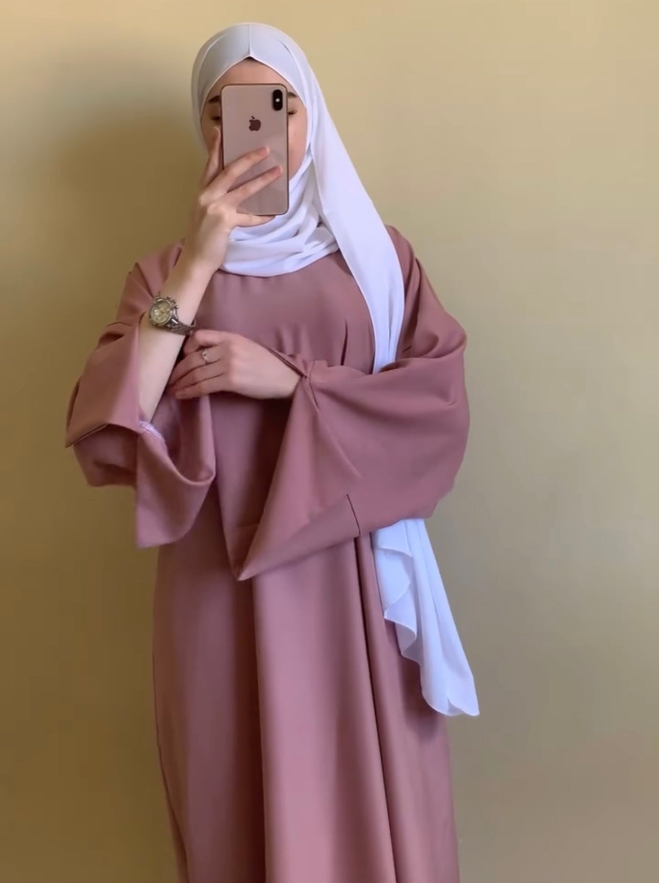 Pink cut Sleeves Basic Abaya with White SCarf