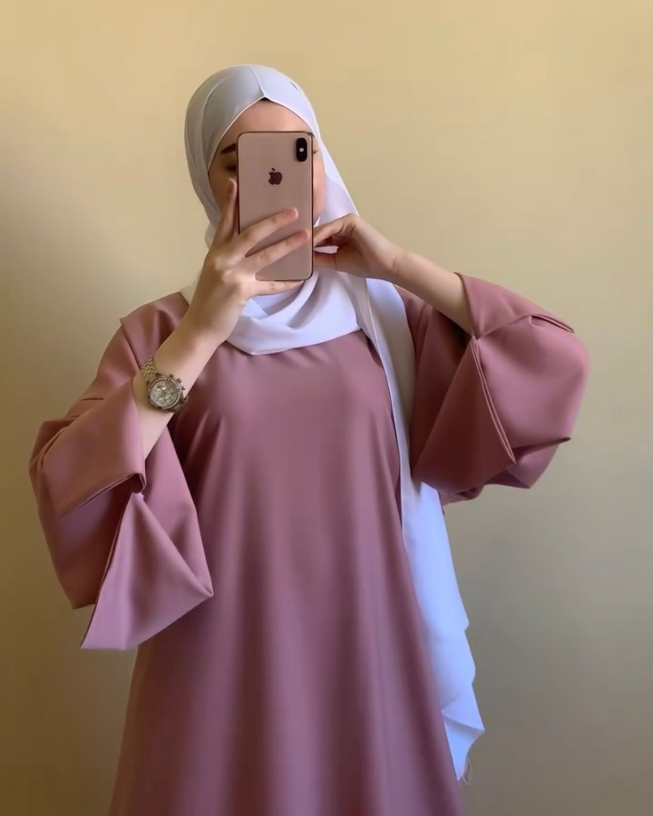 Pink cut Sleeves Basic Abaya with White SCarf