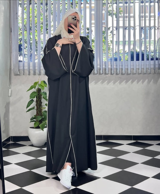 Black with Beige Scarf Premium Double Pipin Abaya Front Open (FREE SHIPPING NOW)