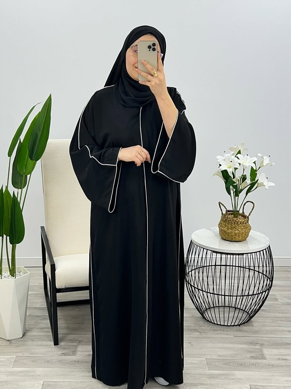 Black Premium Double Pipin Abaya Front Open with black scarf (FREE SHIPPING NOW)