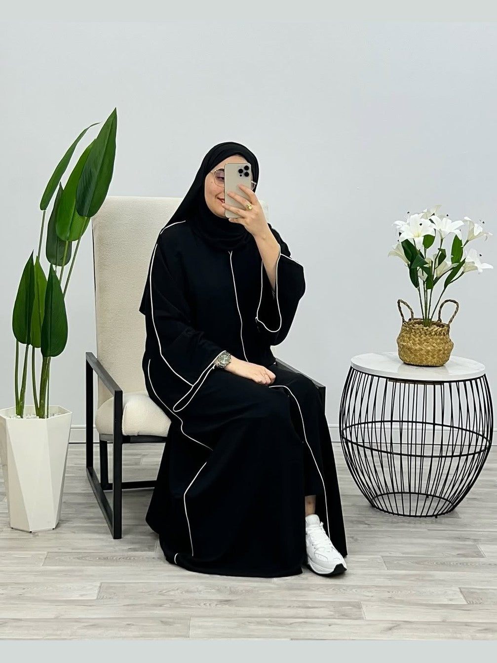 Black Premium Double Pipin Abaya Front Open with black scarf (FREE SHIPPING NOW)
