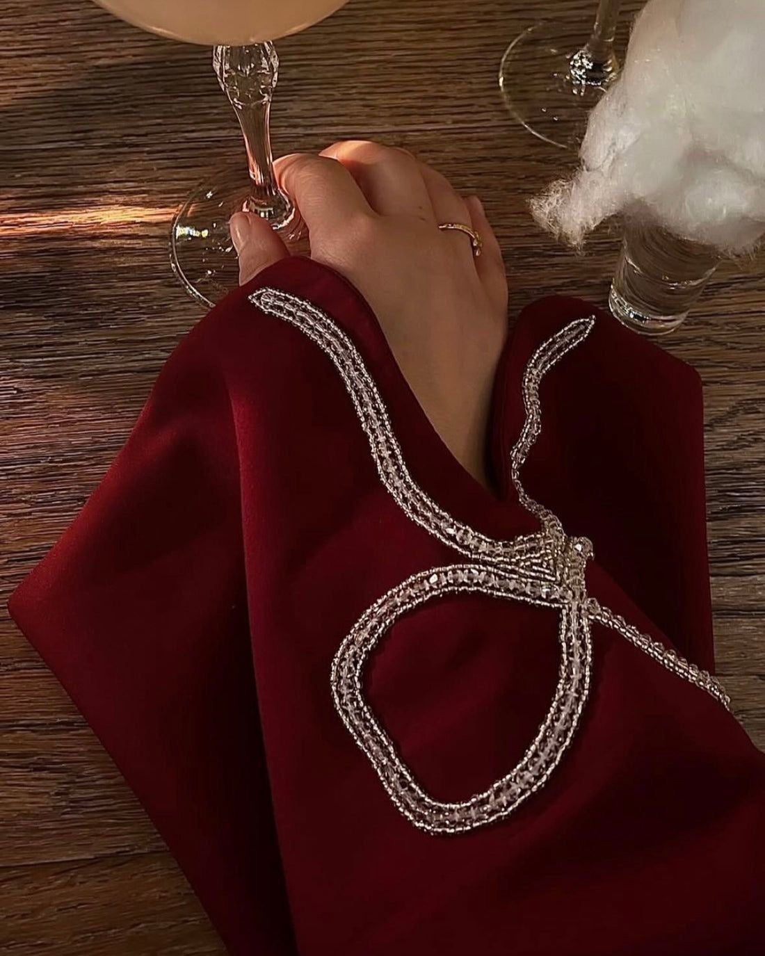 Grace In Every Detail – Cherry-Fawn Closed Abaya With Handcrafted Silver Bow Sleeves