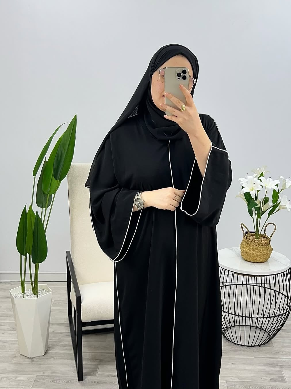 Black Premium Double Pipin Abaya Front Open with black scarf (FREE SHIPPING NOW)