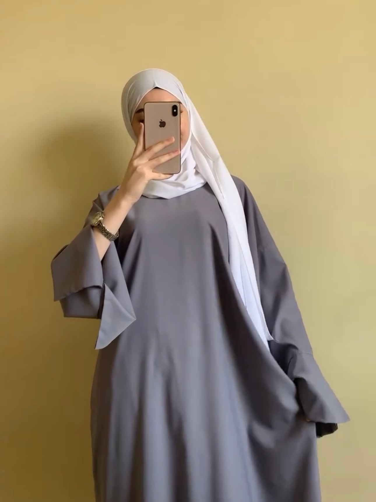 Grey cut Sleeves Basic Abaya with White SCarf