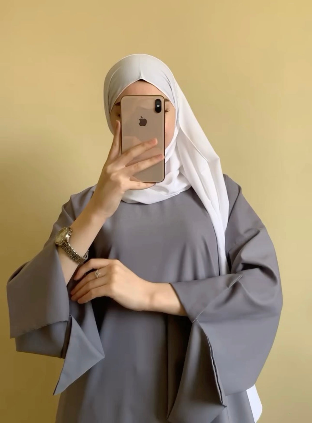 Grey cut Sleeves Basic Abaya with White SCarf