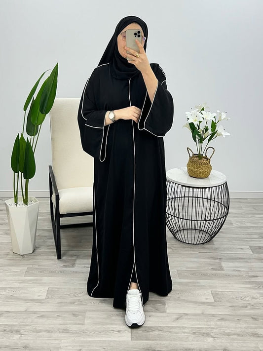 Black Premium Double Pipin Abaya Front Open with black scarf (FREE SHIPPING NOW)